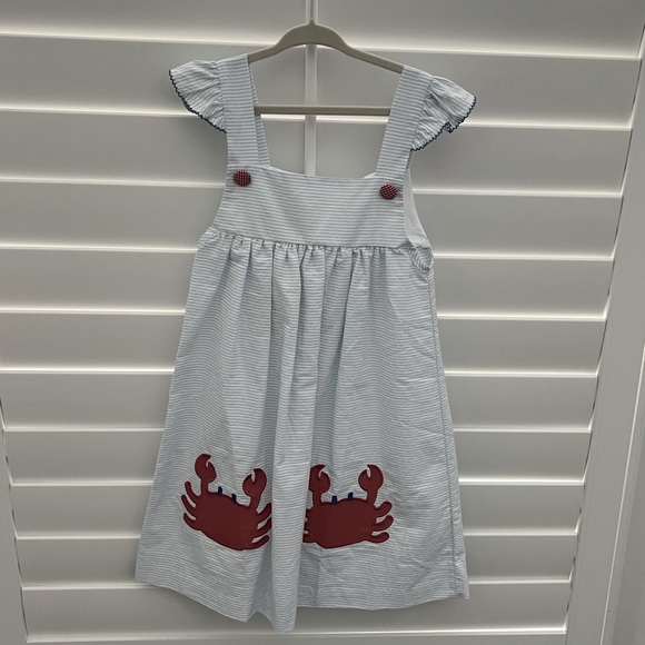 Claire & Charlie Girls Blue Gingham Seersucker Sun Dress - Appliqué Crab main image 1